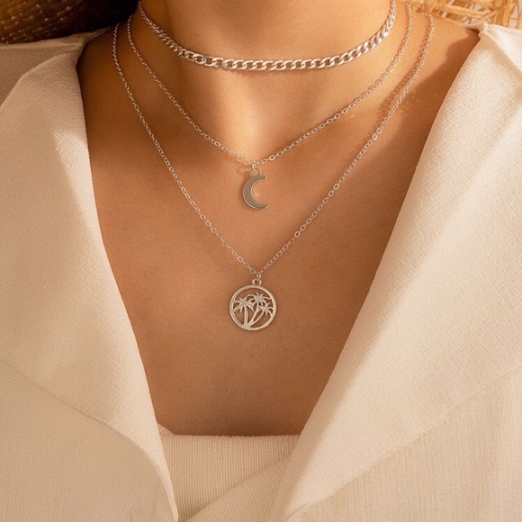 Moon & Palm Trees Charm Layered Necklace Silver - Picture 1 of 5